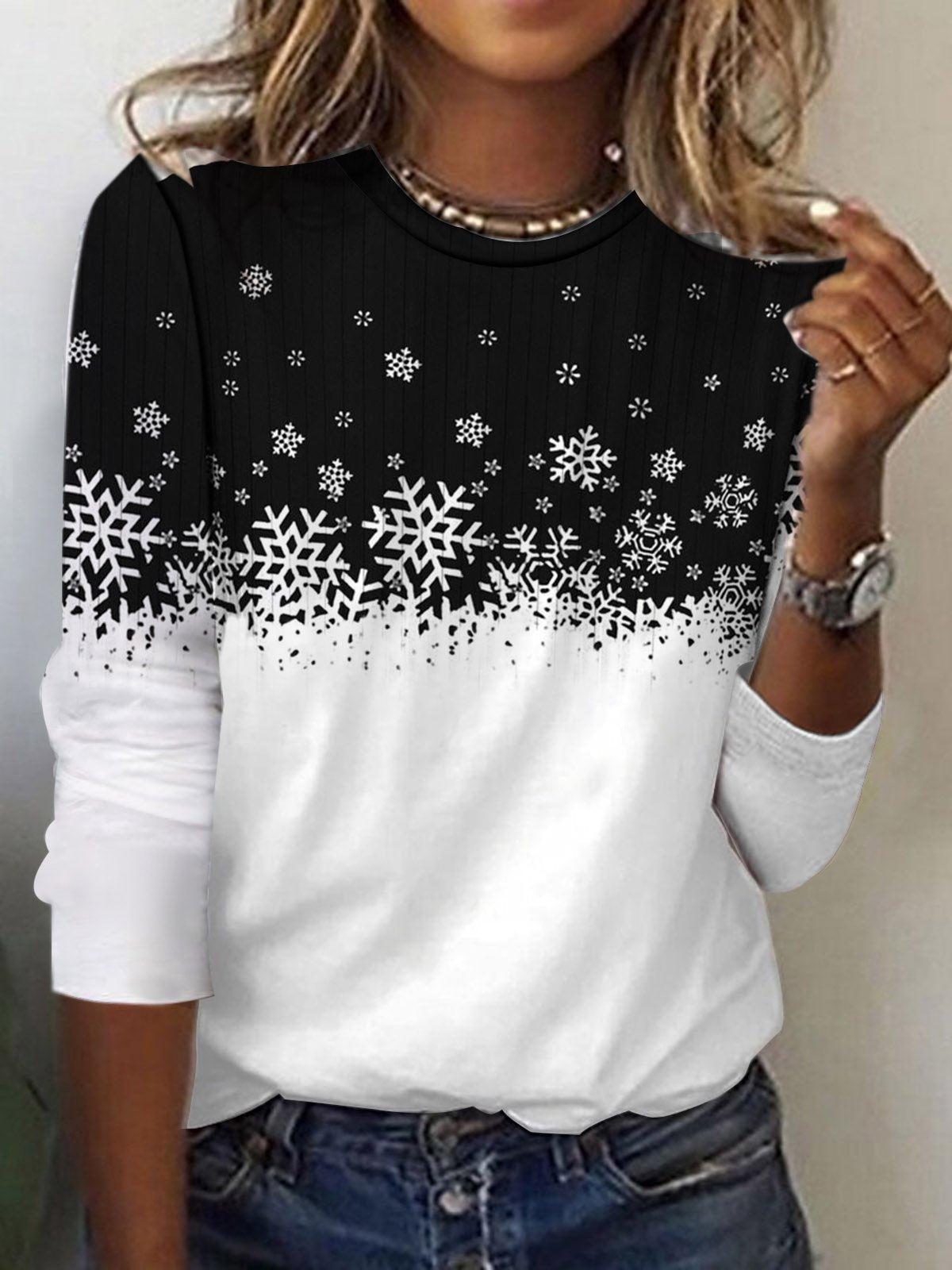 Top de manga larga mujer – Elegante blusa con patrón de copos de nieve y cuello redondo