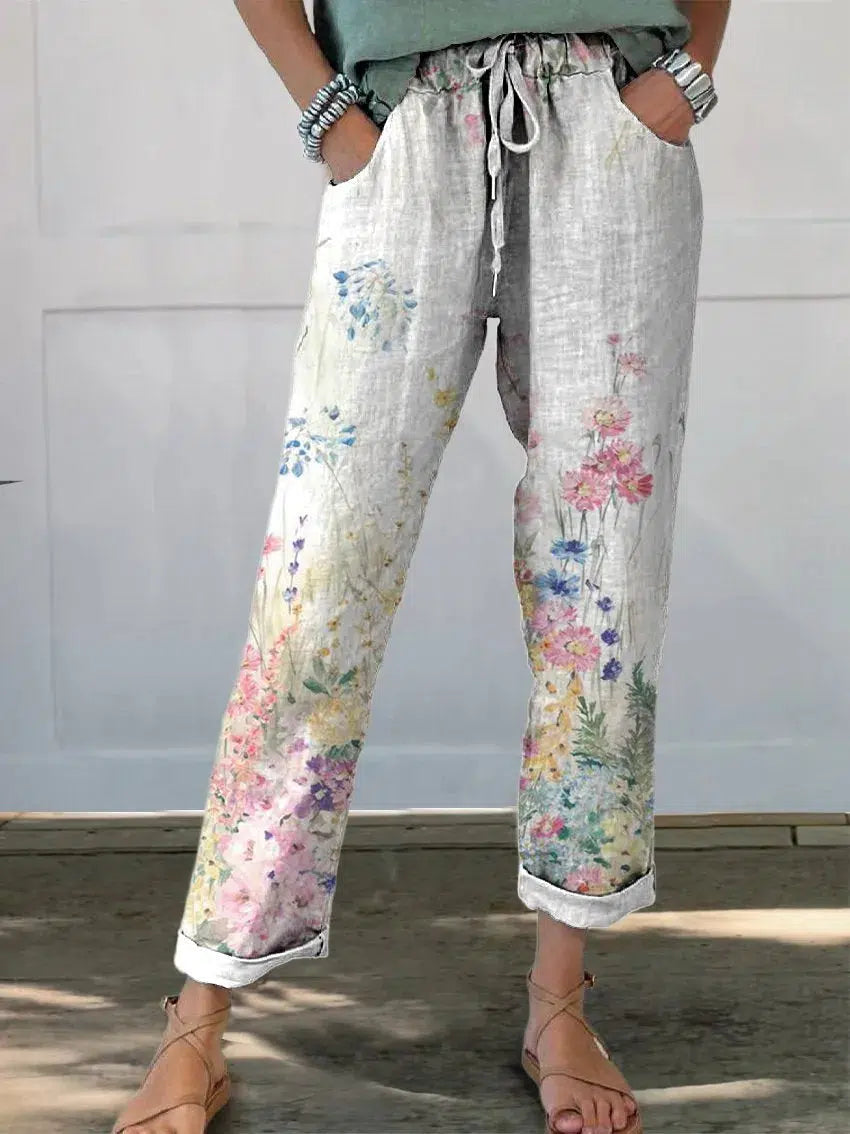 Pantalones estampados mujer – Pantalones con diseño de plantas y bolsillos laterales