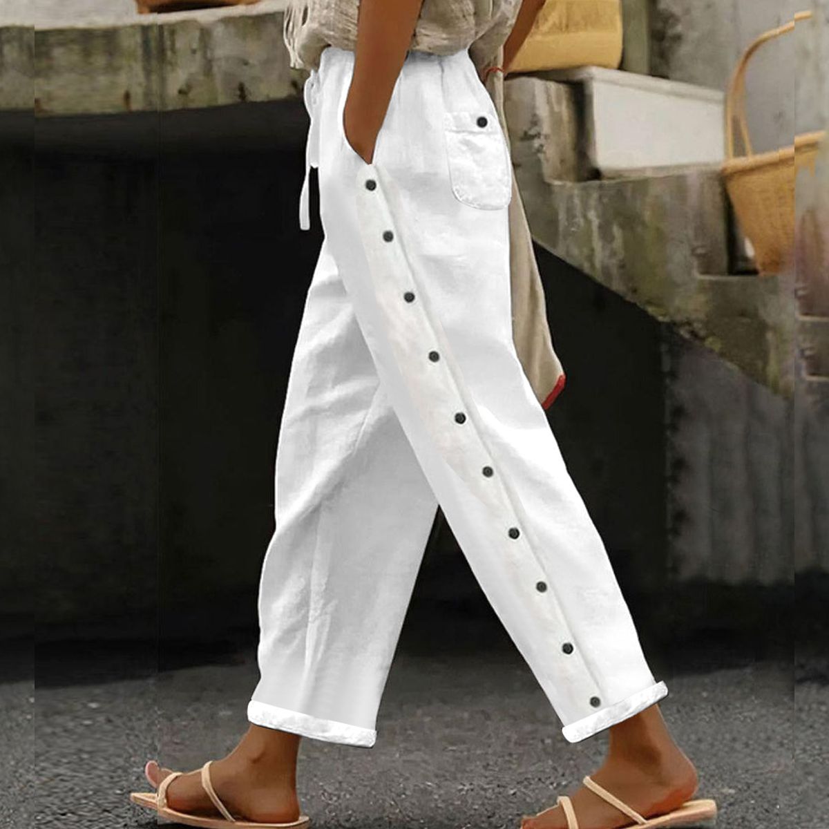 Pantalones mujer con bolsillos laterales – Pantalones blancos cómodos y elegantes