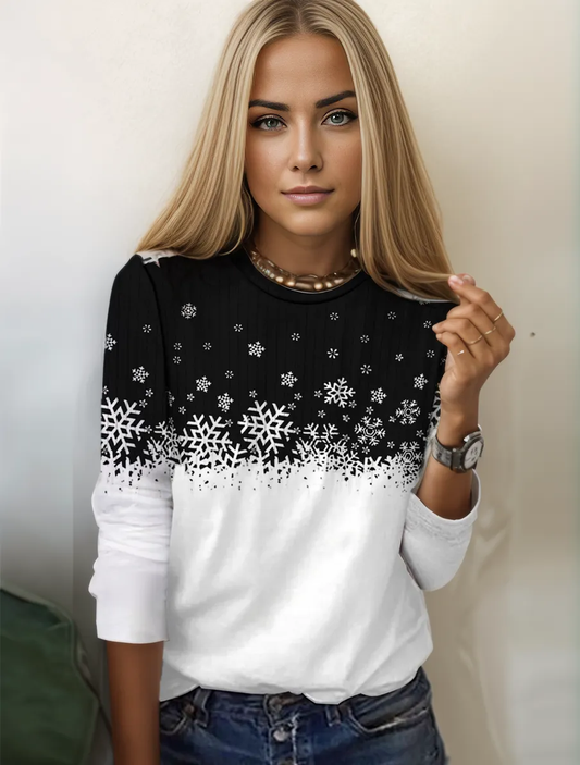 Top de manga larga mujer – Elegante blusa con patrón de copos de nieve y cuello redondo