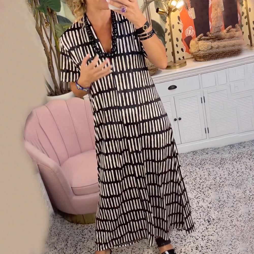 Vestido maxi moderno – Vestido de manga corta con escote en V elegante