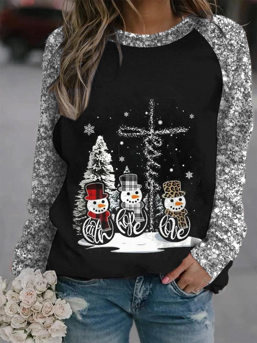 Camiseta de Navidad – Camiseta larga muñecos de nieve y árbol