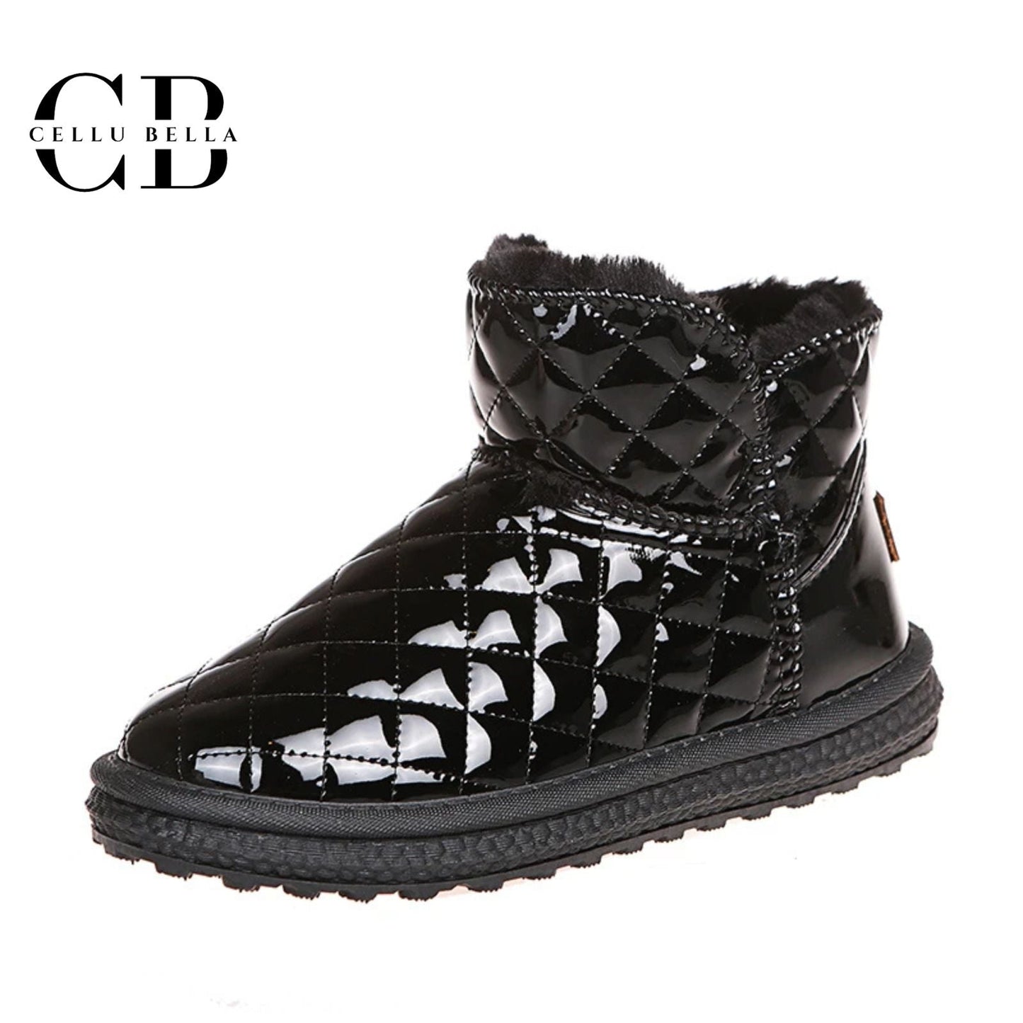 Botas de nieve elegantes – Botas de invierno con forro de felpa y acabado brillante en negro