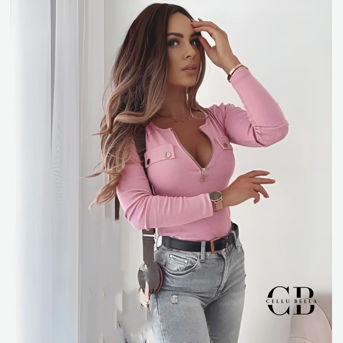 Top de punto rosa dulce – Blusa liso con escote en V elegante