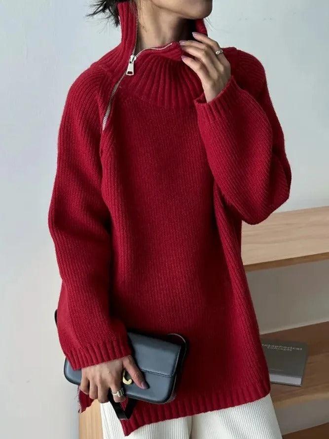 Suéter rojo alto mujer – Suéter sólido de moda para invierno