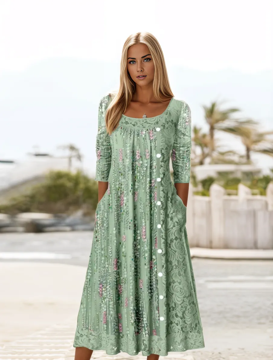 Vestido midi verde – Vestido elegante con escote cuadrado y fresco