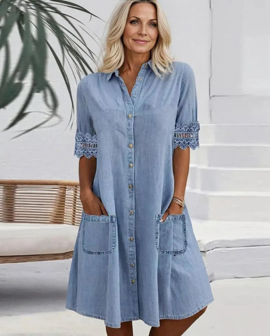 Vestido mini azul con encaje de denim – Vestido de un solo color elegante y moderno