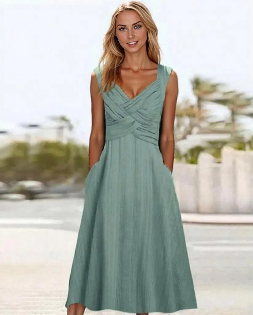 Vestido midi verde liso – Vestido elegante con bolsillos laterales