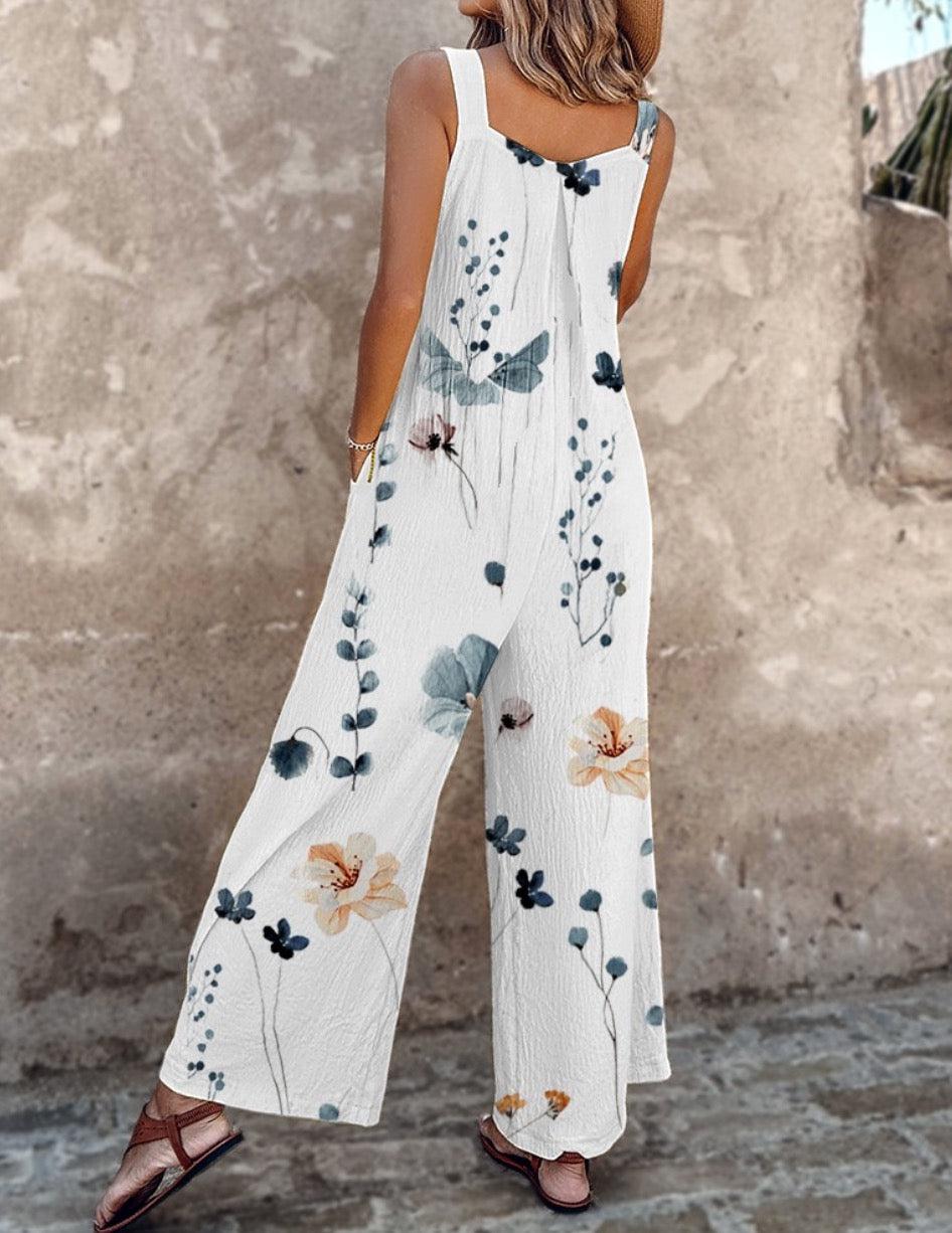 Jumpsuit ligero mujer – Mono sin mangas con estampado de plantas elegante