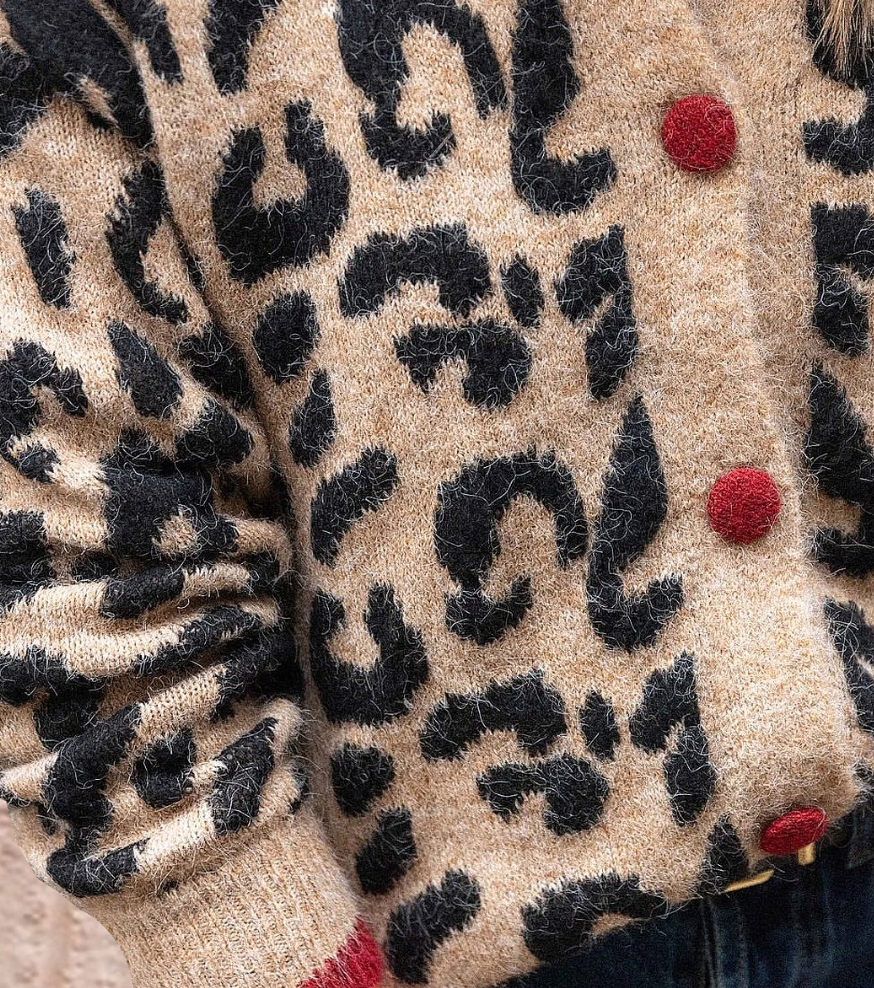 Chaqueta de punto mujer – Chaqueta leopardo marrón con mangas largas