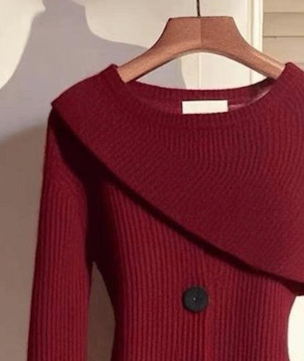 Suéter rojo sólido mujer – Suéter de manga larga con cuello redondo elegante