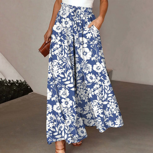 Pantalones azules mujer – Pantalones frescos con estampado floral y cintura elástica