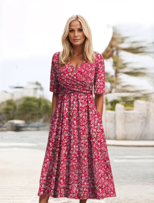 Vestido midi mujer – Vestido floral de manga corta elegante