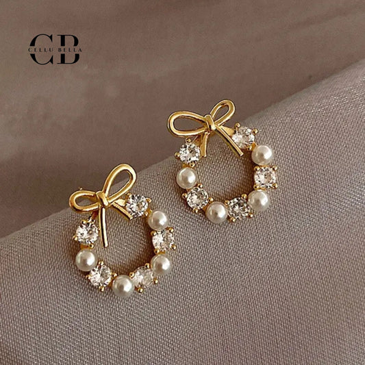 Pendientes de perlas con circonitas – Pendientes elegantes con lazo para ocasiones especiales