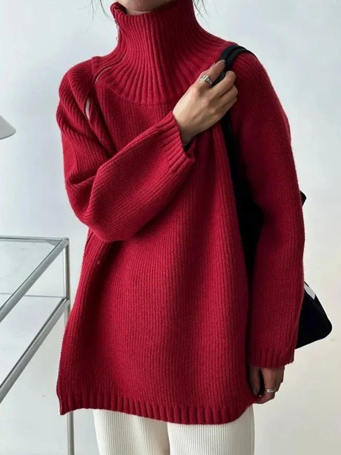 Suéter rojo alto mujer – Suéter sólido de moda para invierno