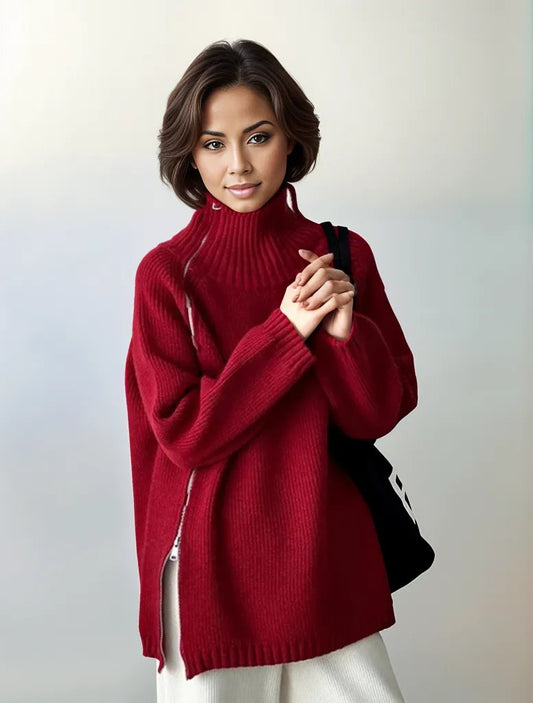 Suéter rojo alto mujer – Suéter sólido de moda para invierno