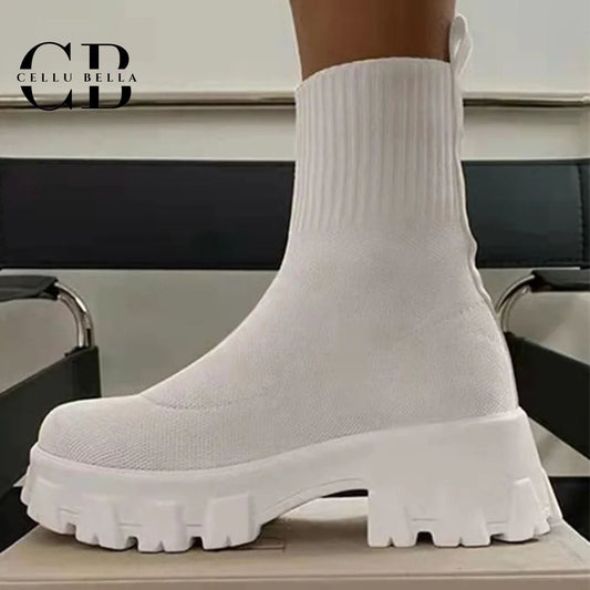 Botines modernos mujer – Botas de punto con suela de plataforma y comodidad elástica blancas