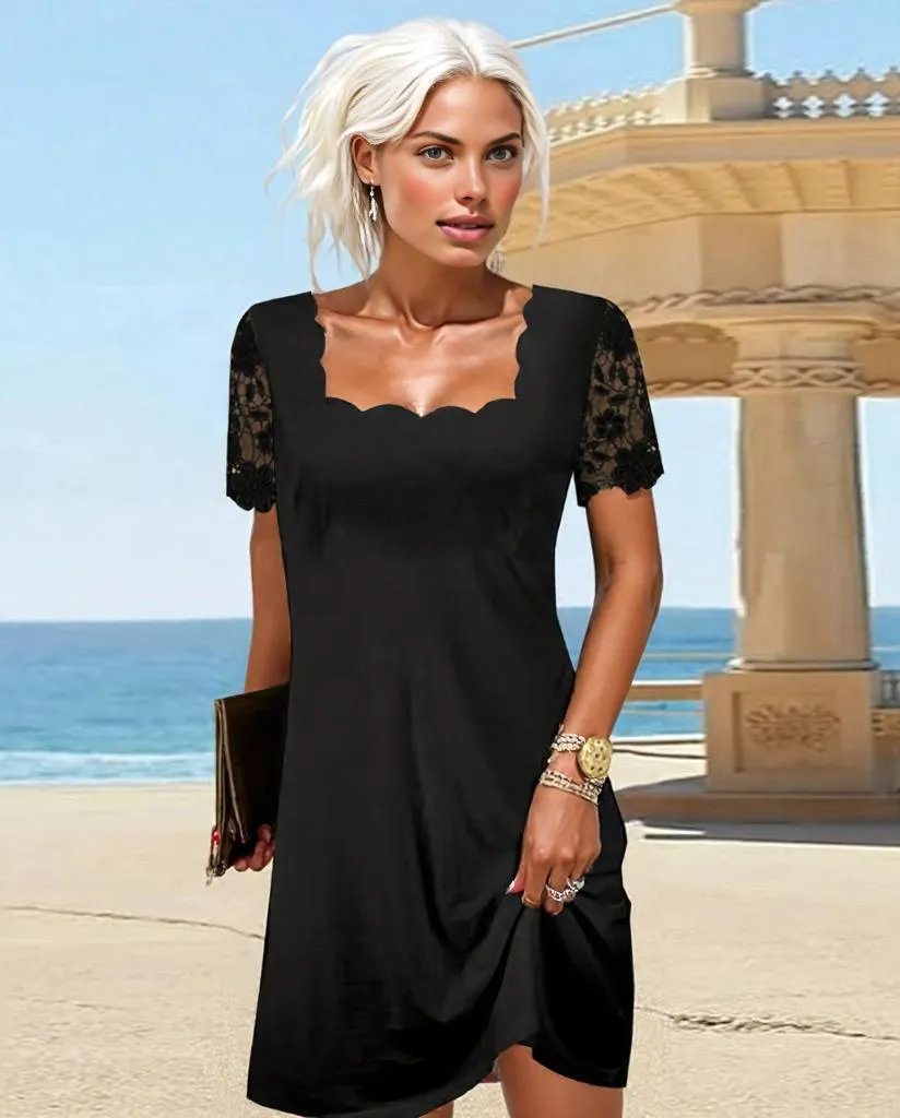 Vestido negro corto mujer – Vestido elegante con corte ondulado y patrón de cuadros