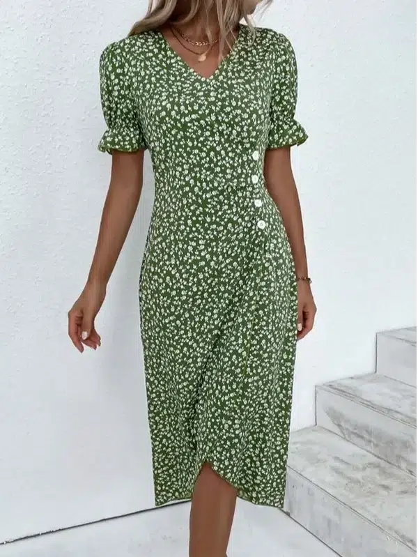 Vestido midi floral verde – Vestido de manga corta con botonera elegante