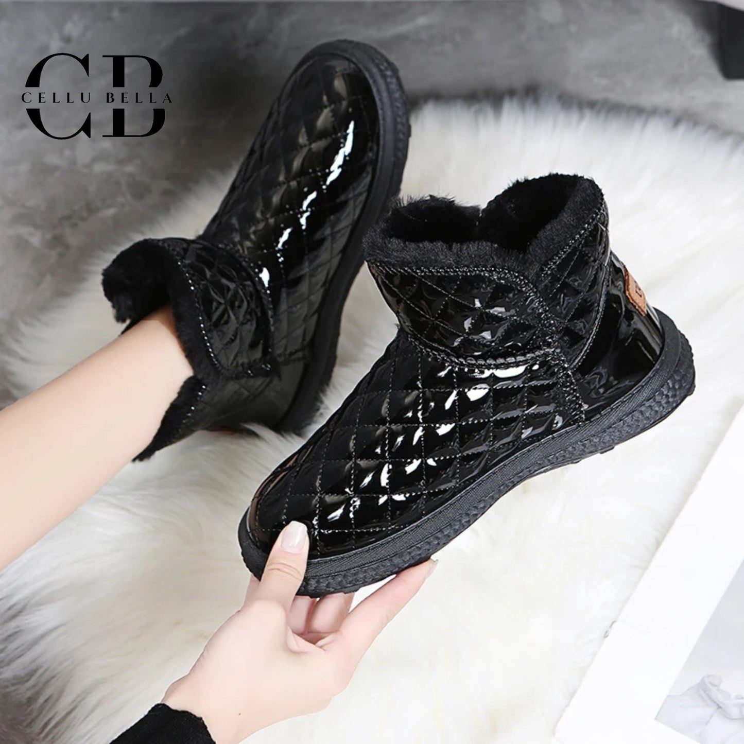 Botas de nieve elegantes – Botas de invierno con forro de felpa y acabado brillante en negro