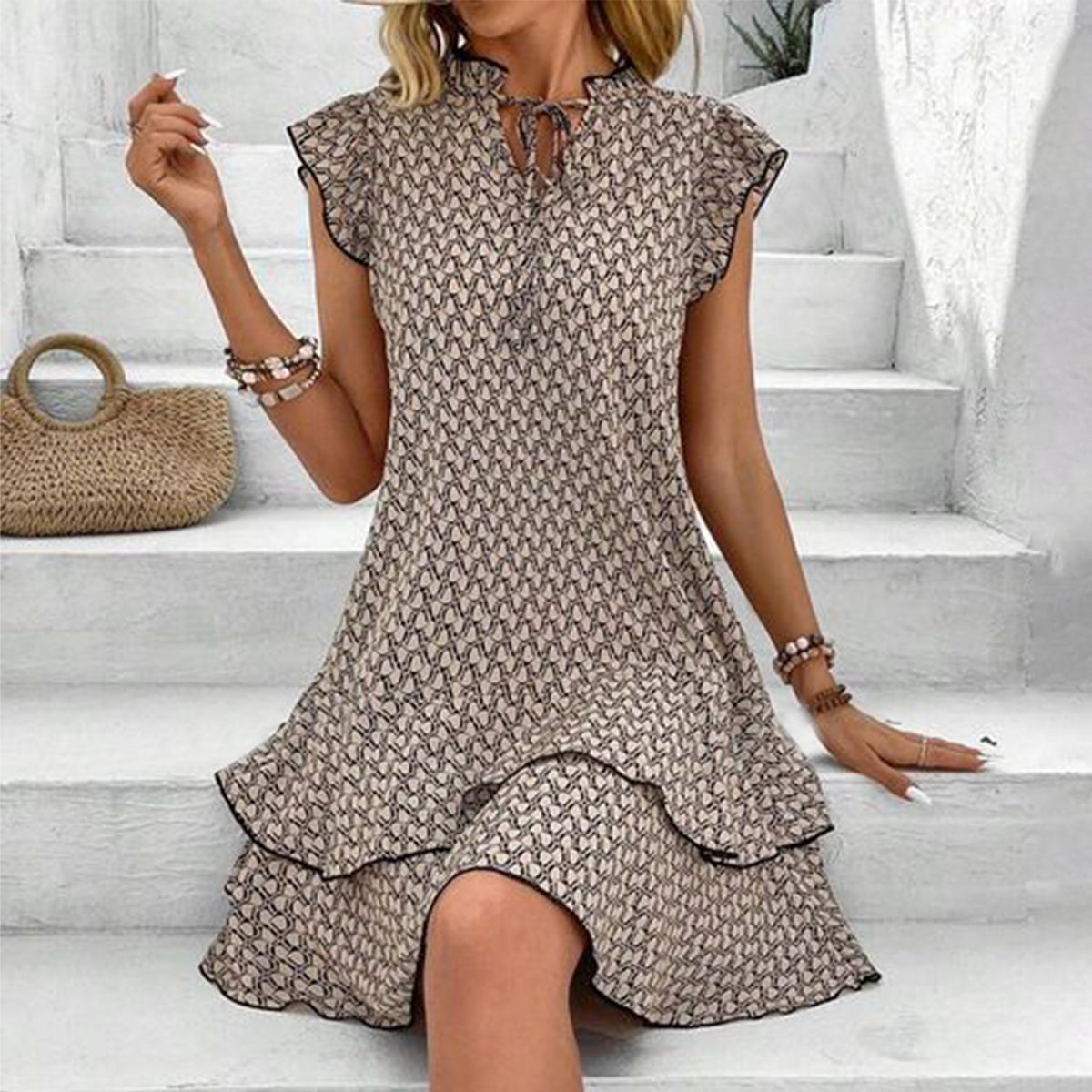 Vestido mini mujer – Vestido retro sin mangas marrón elegante