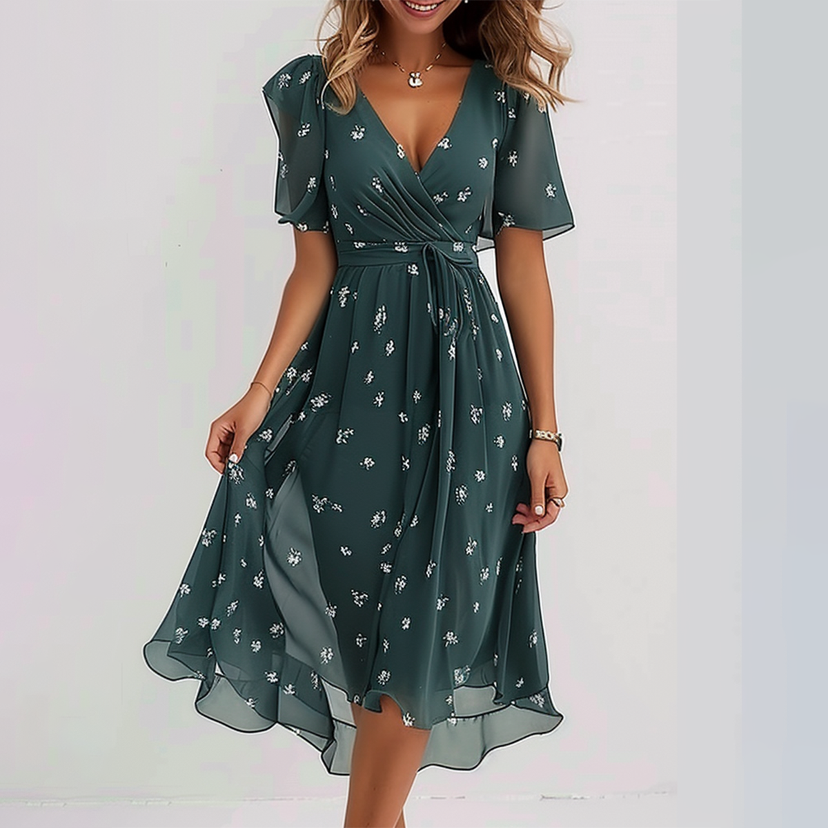 Vestido midi verde mujer – Vestido elegante con mangas cortas y diseño groovy