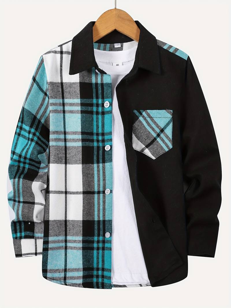 Camisa de cuadros hombre – Camisa color block de manga larga para todas las estaciones