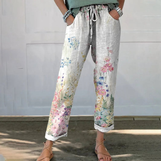 Pantalones estampados mujer – Pantalones con diseño de plantas y bolsillos laterales