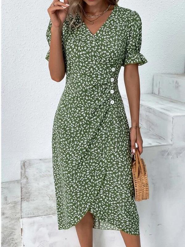 Vestido midi floral verde – Vestido de manga corta con botonera elegante