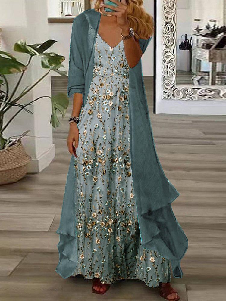 Vestido Maxi Floral Juvenil – Conjunto Dos Piezas con Chaqueta Delgada