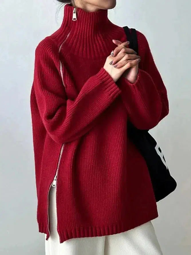 Suéter rojo alto mujer – Suéter sólido de moda para invierno