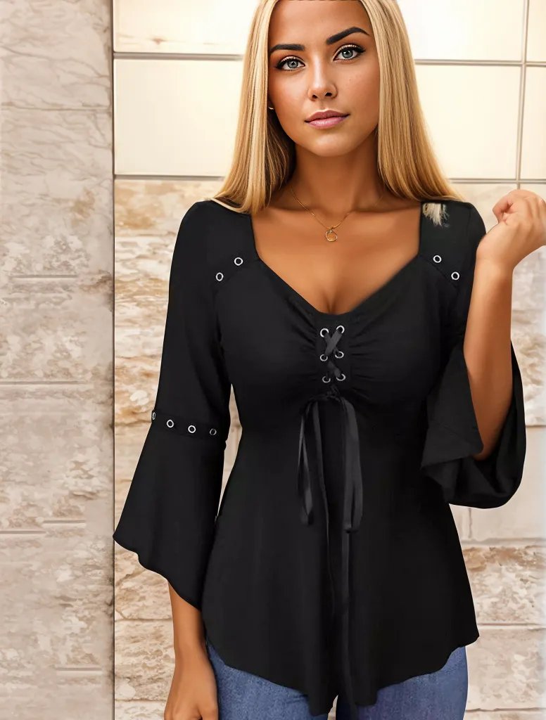 Top negro liso – Camiseta escote en V elegante y cómoda