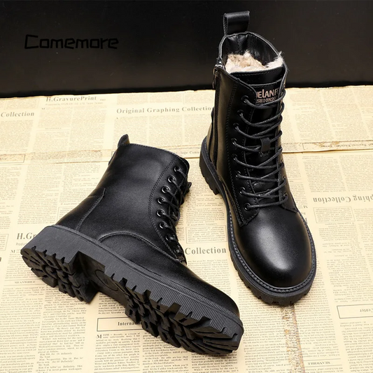 Botas de invierno hombre – Botas de cuero negro con forro polar y suela cómoda