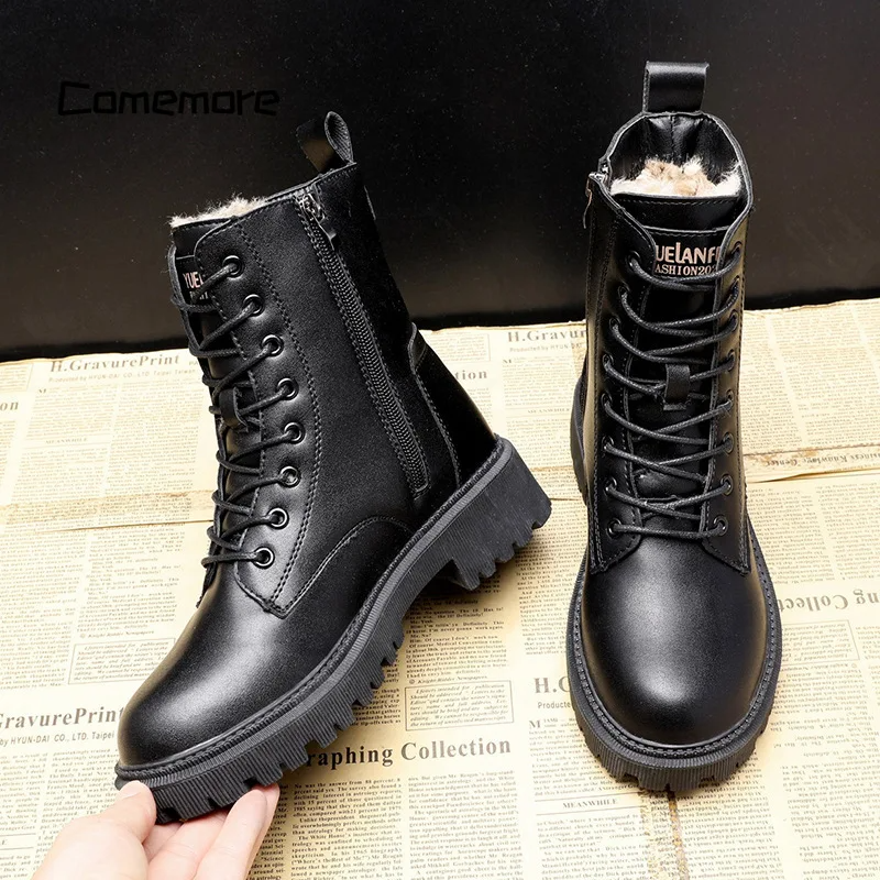 Botas de invierno hombre – Botas de cuero negro con forro polar y suela cómoda