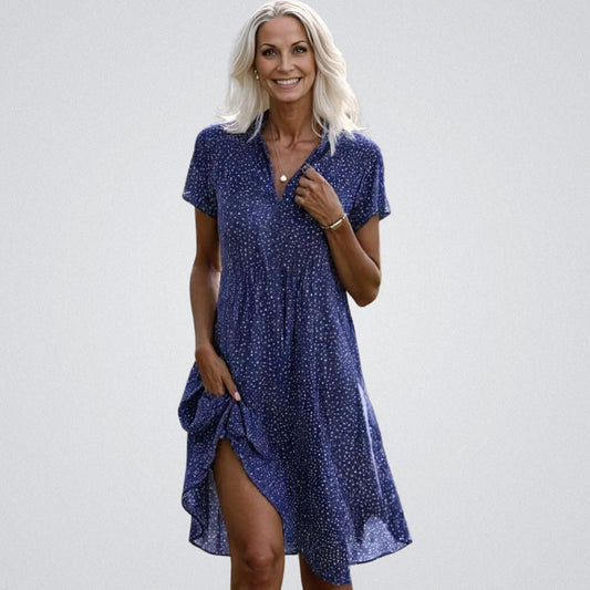 Vestido midi azul – Vestido soñador con mangas cortas y diseño elegante