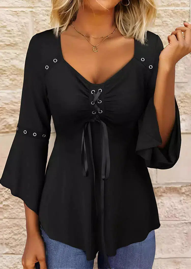 Top negro liso – Camiseta escote en V elegante y cómoda