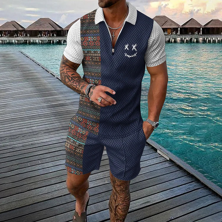 Polo elegante con cremallera y short – Conjunto casual para hombre, estilo moderno y cómodo