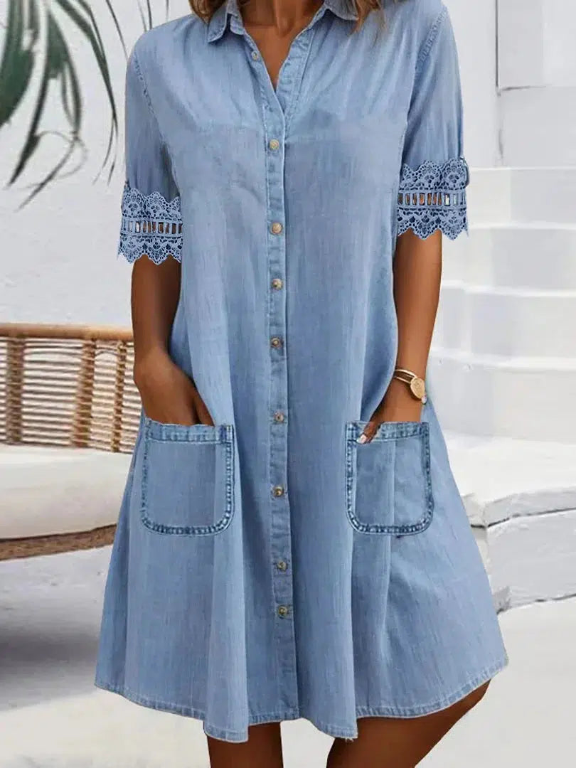 Vestido mini azul con encaje de denim – Vestido de un solo color elegante y moderno