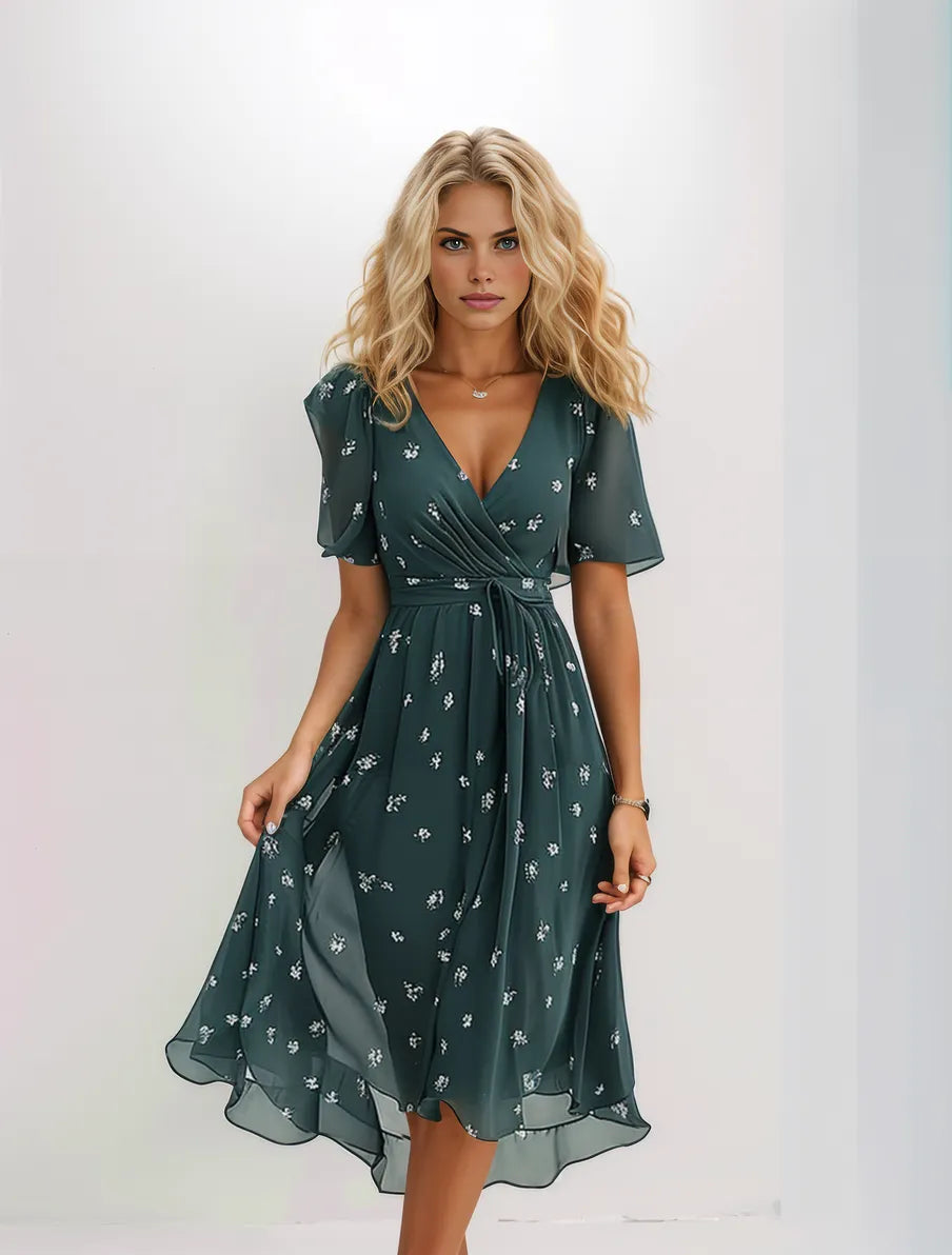 Vestido midi verde mujer – Vestido elegante con mangas cortas y diseño groovy