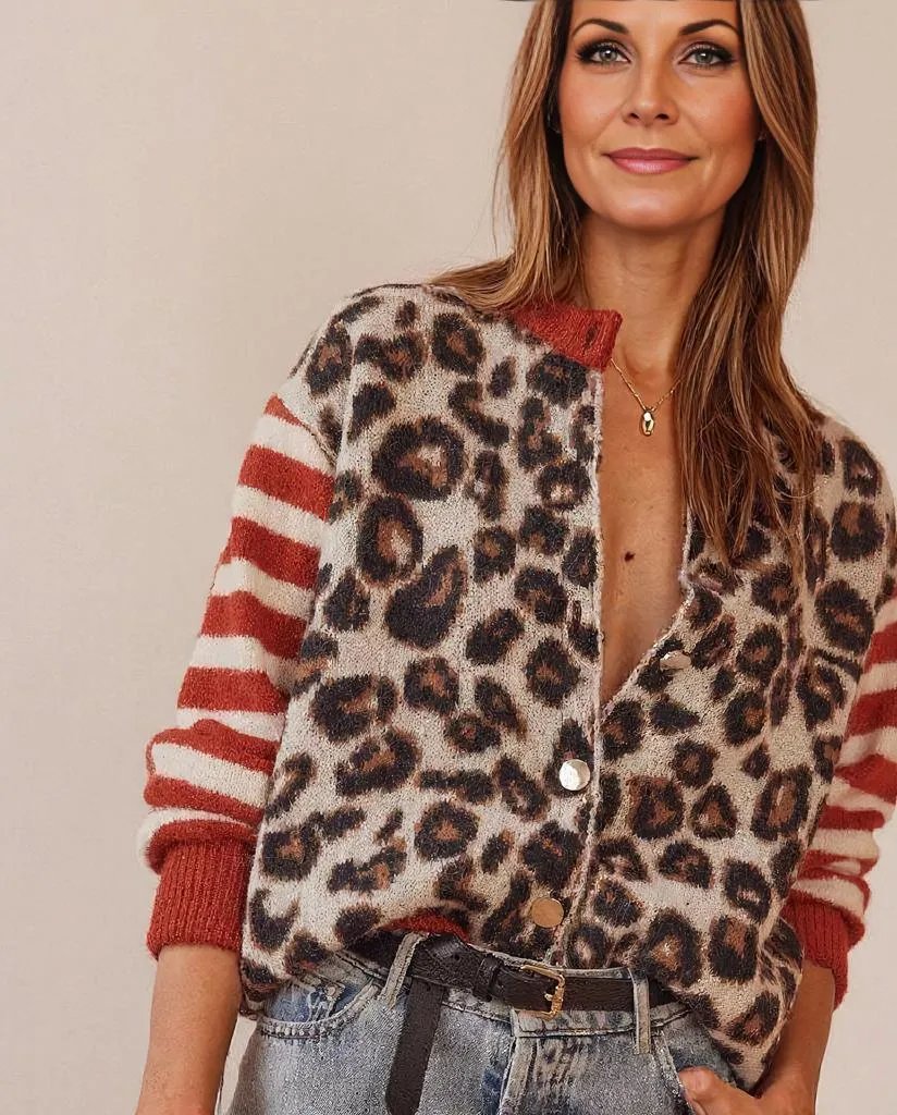 Chaqueta de punto mujer – Chaqueta leopardo única sin cuello y mangas largas