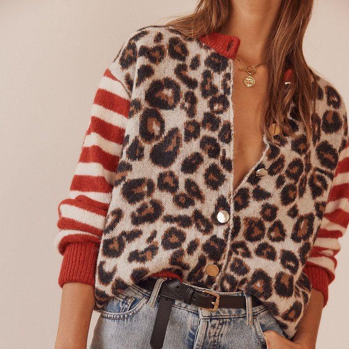 Chaqueta de punto mujer – Chaqueta leopardo única sin cuello y mangas largas