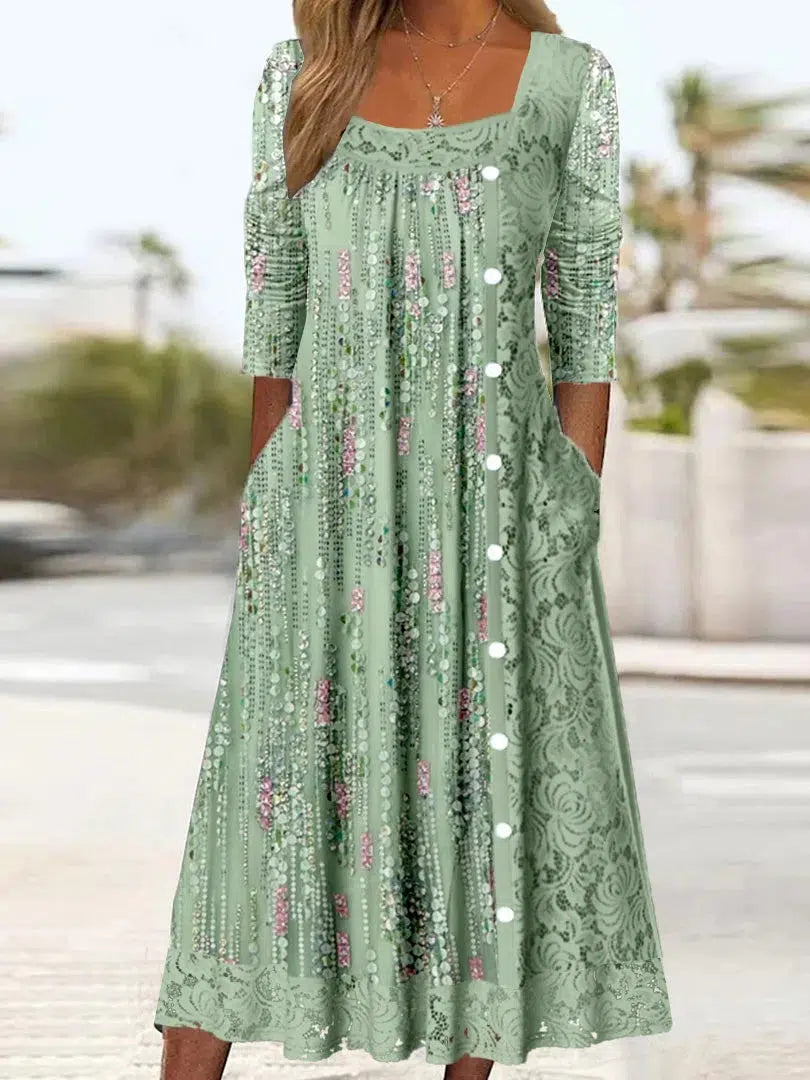 Vestido midi verde – Vestido elegante con escote cuadrado y fresco