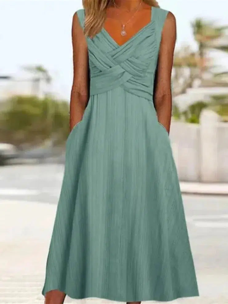 Vestido midi verde liso – Vestido elegante con bolsillos laterales