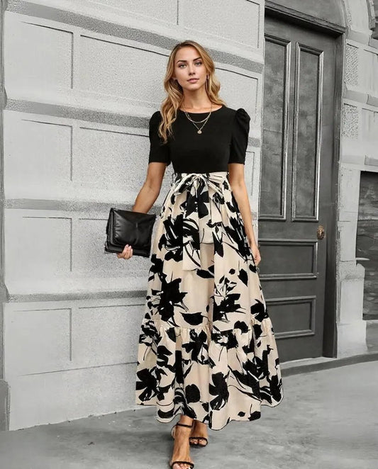 Vestido maxi elegante – Vestido corto con estampado de plantas para verano