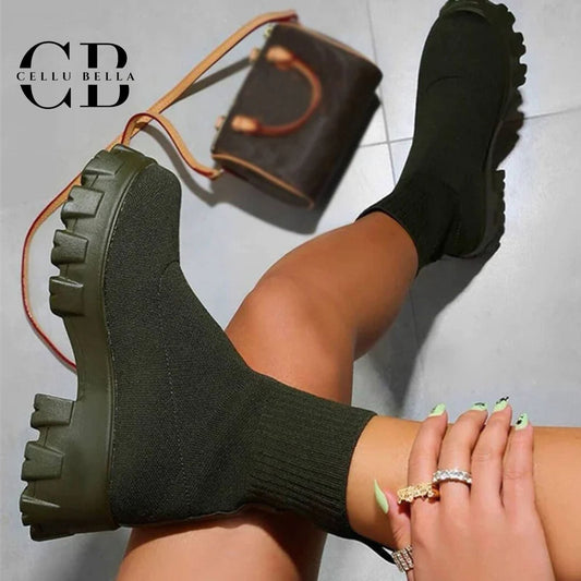 Botas de mujer modernas – Botas de punto con suela de plataforma y comodidad elástica en verde