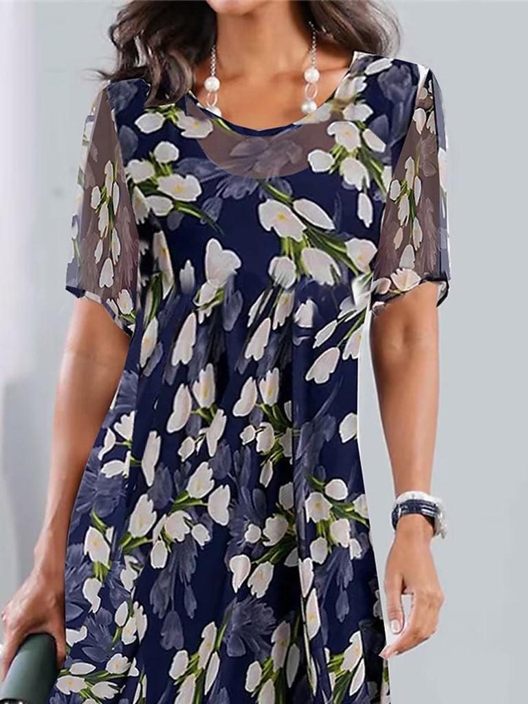 Vestido midi mujer – Vestido azul de manga corta elegante y cómodo