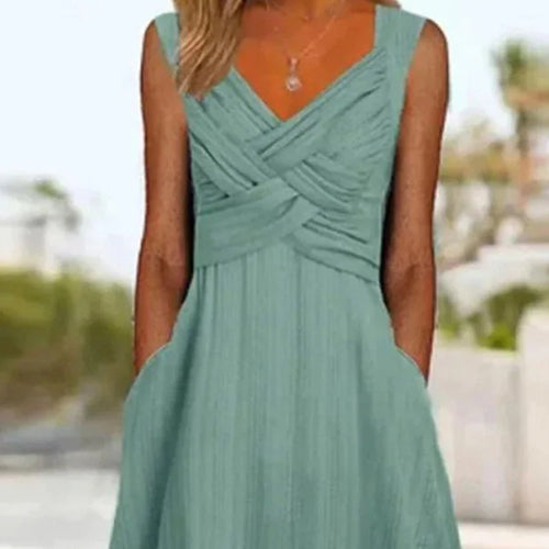 Vestido midi verde liso – Vestido elegante con bolsillos laterales