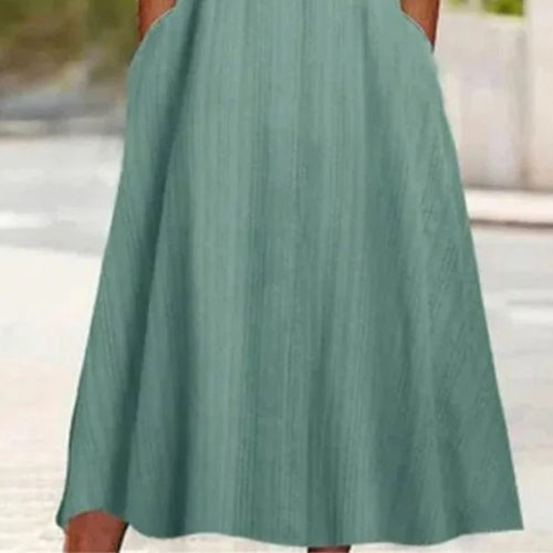 Vestido midi verde liso – Vestido elegante con bolsillos laterales