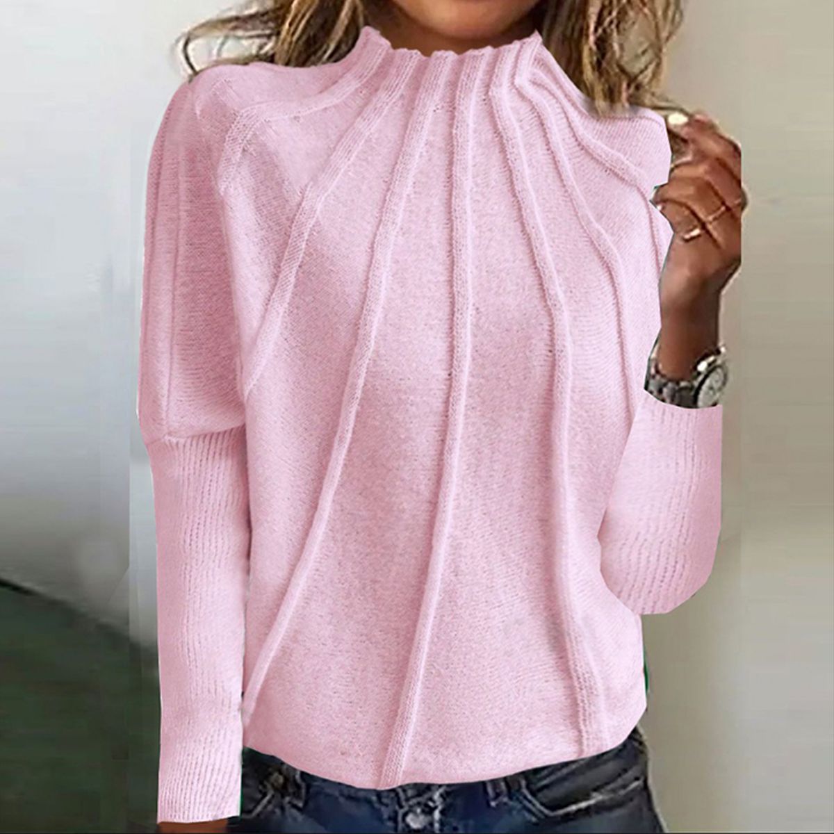 Suéter rosa dulce mujer – Suéter de un solo color con cuello redondo y diseño elegante